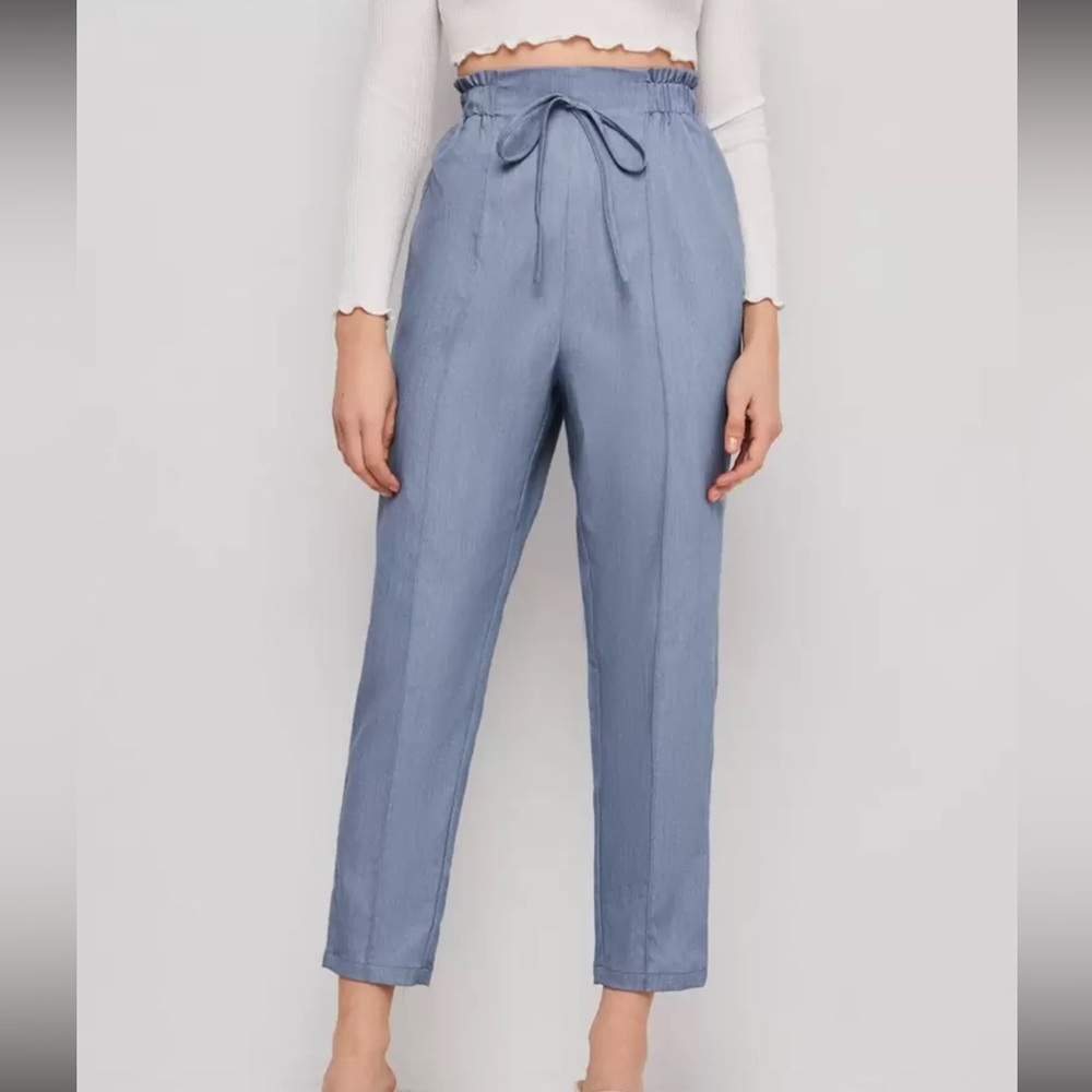 Women's Tie Waist Seam Front Pants Dusty Blue Size US 6 Medium Elastic Waist